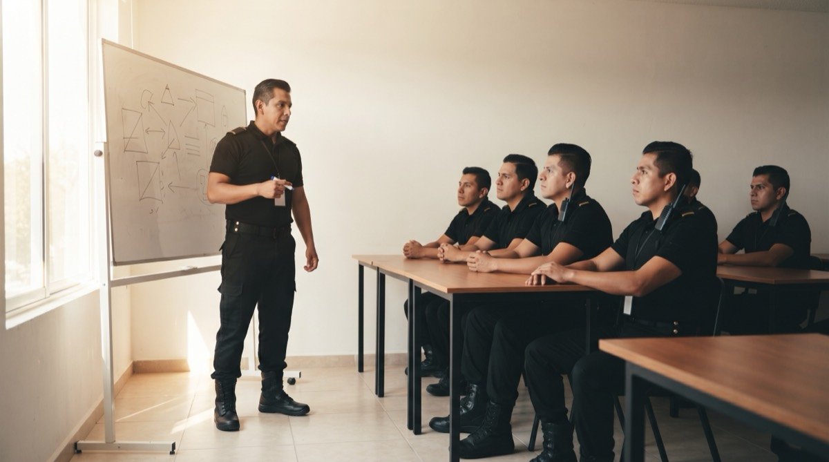 Instructor impartiendo capacitación a guardias de Clean Alta en aula